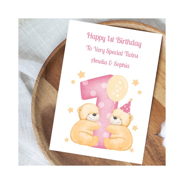 1st Birthday Polka Dot Teddies Twin Girls Card (Creator Uploaded)