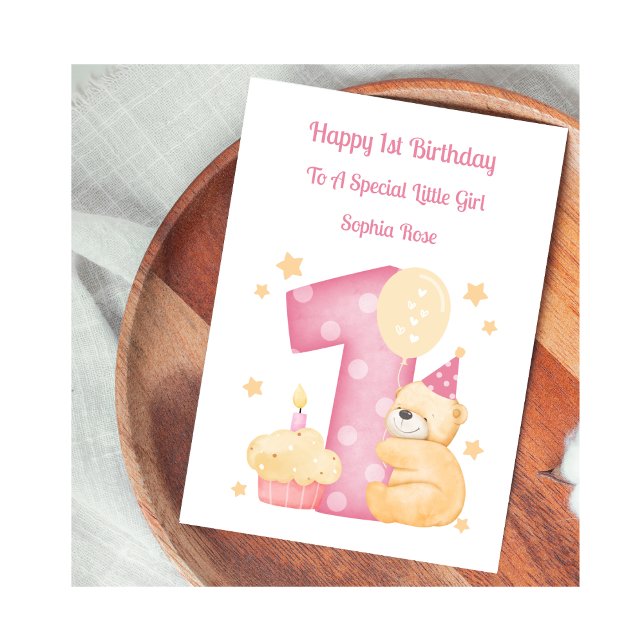 1st Birthday Polka Dot Teddy Birthday Girl Card (Creator Uploaded)
