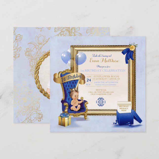 1st Birthday Prince Boy Royal Blue Gold Photo Invitation (Front/Back)