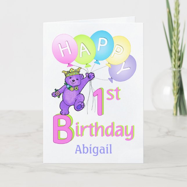 1st Birthday Princess Bear, Custom Name Card (Front)