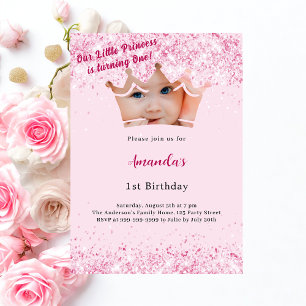 1st Birthday Princess photo crown pink Invitation
