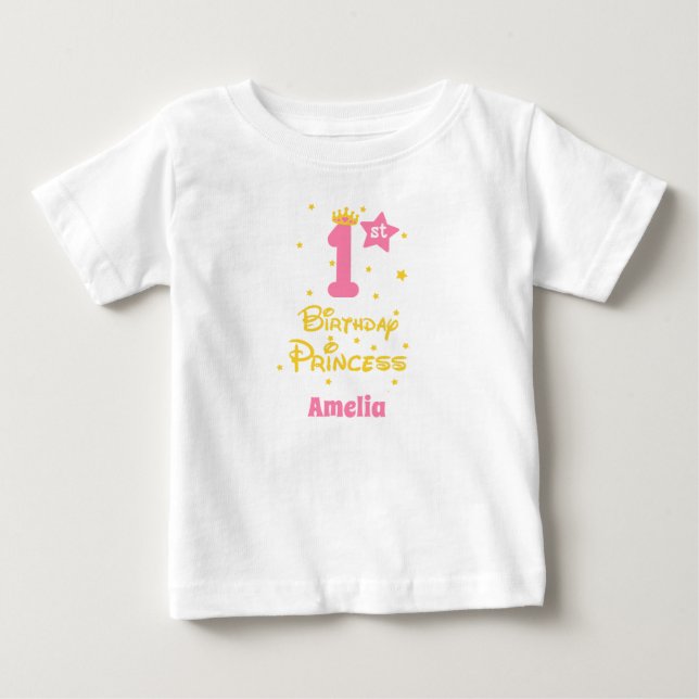 1st Birthday Princess Pink Gold Yellow Tiara Baby T-Shirt (Front)