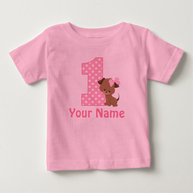 1st Birthday Puppy Pink Personalised Baby T-Shirt (Front)