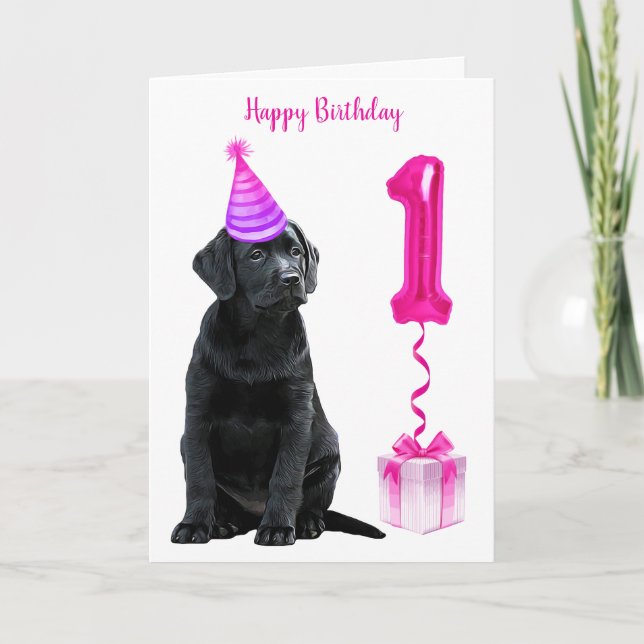 1st Birthday Puppy Theme- Cute Dog Pink Girl Pawty Card (Front)