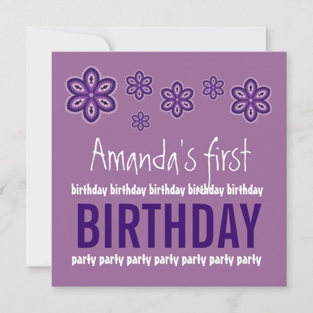 1st Birthday Purple Flowers Custom Name Template (Front)