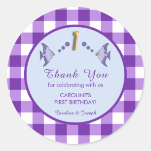 1st Birthday Purple Gingham Fish Thank You Classic Round Sticker