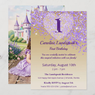1st Birthday Purple Glitter Custom Photo Any Age Invitation