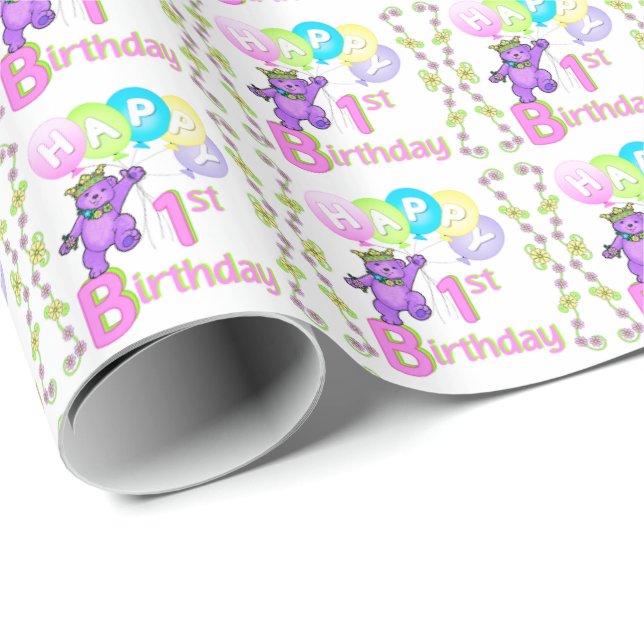 1st Birthday Purple Princess Teddy Bears Wrapping Paper (Roll Corner)