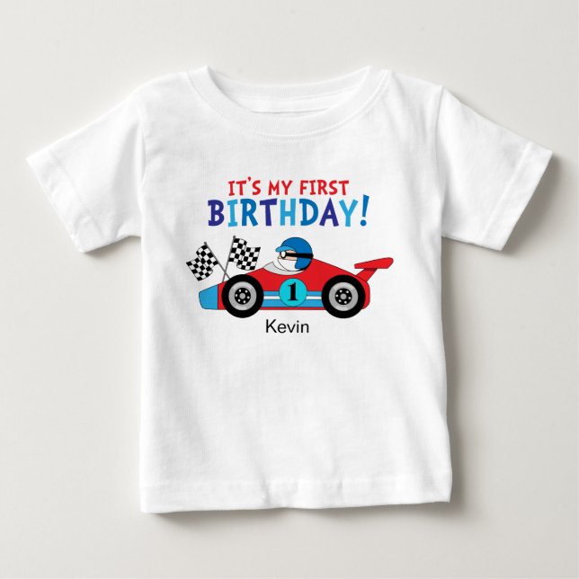 1st Birthday Race Car Red and Blue Baby T-Shirt (Front)