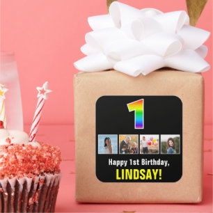 1st Birthday: Rainbow “1”; Custom Photos & Name Square Sticker