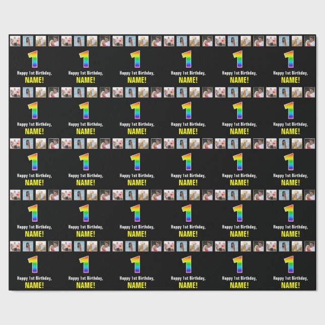 1st Birthday: Rainbow “1“; Custom Photos & Name Wrapping Paper (Seam)