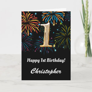 1st Birthday Rainbow Fireworks Black and Gold Card