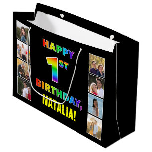 1st Birthday: Rainbow Text, Custom Photos & Name Large Gift Bag