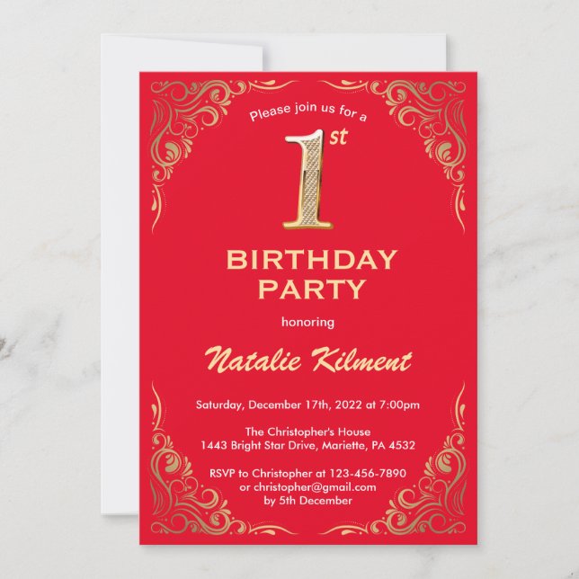 1st Birthday Red and Gold Glitter Frame Invitation (Front)