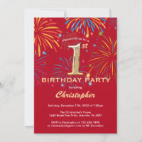 1st Birthday Red and Gold Rainbow Fireworks