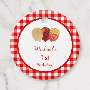 1st Birthday Red Gingham Cute Balloons Round  Favour Tags