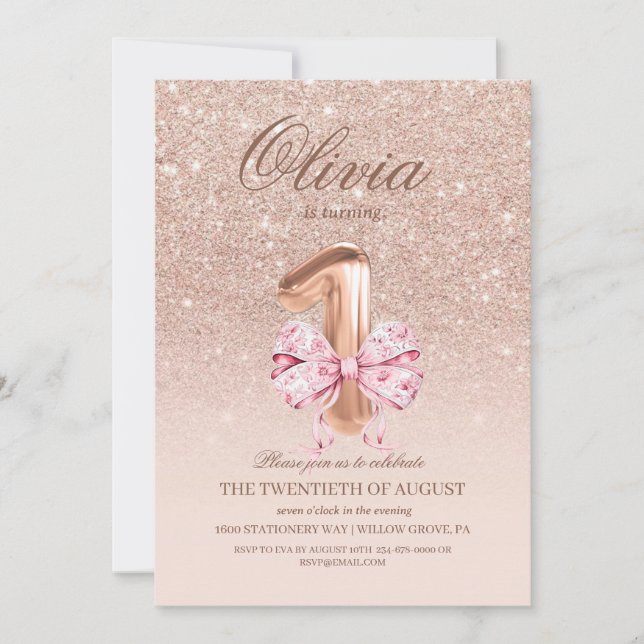 1st Birthday Rose Pink Gold  Bow Birthday Party  Invitation (Front)