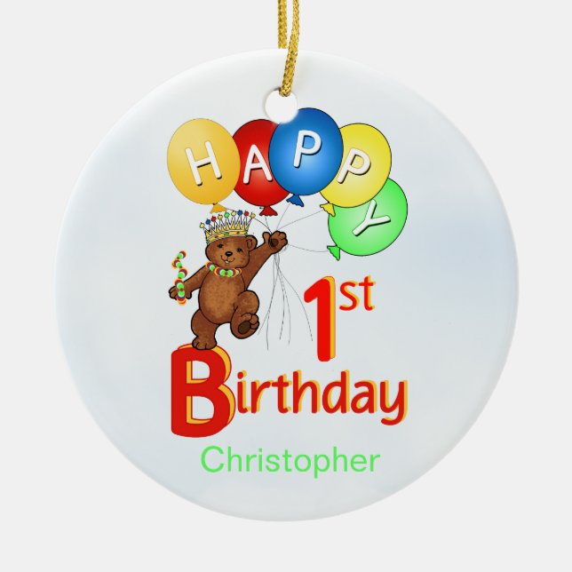 1st Birthday Royal Bear Ceramic Tree Decoration (Front)