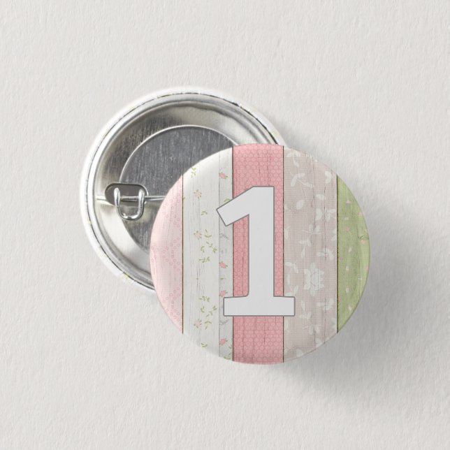 1st Birthday Rustic Sage Green & Pink Floral Wood 3 Cm Round Badge (Front & Back)