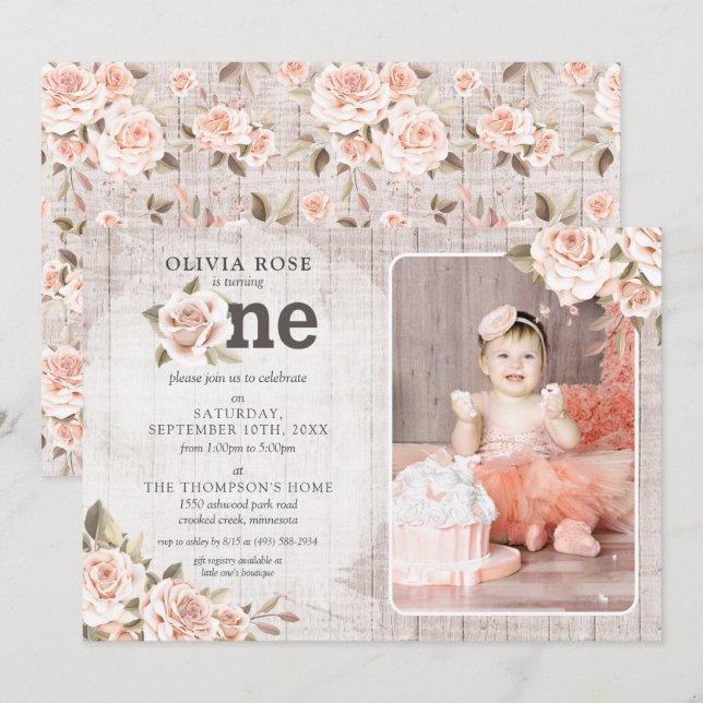 1st Birthday Rustic Wood Shabby Chic Roses Photo Invitation (Front/Back)