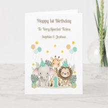 1st Birthday Safari Animals Twin Birthday Card