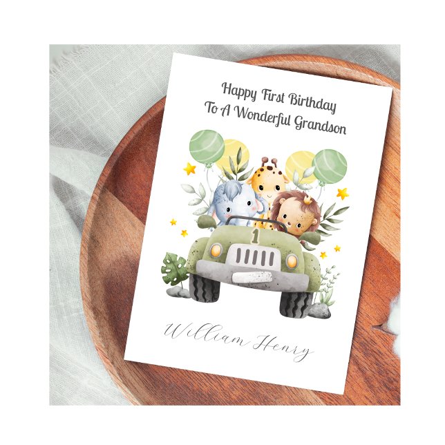 1st Birthday Safari Car Trio Birthday Card (Creator Uploaded)