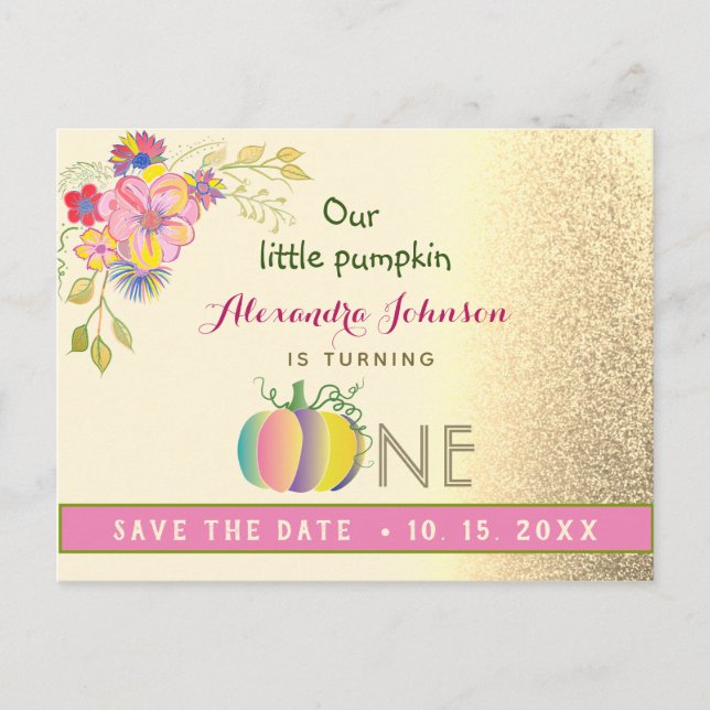 1st Birthday Save The Date Pumpkin Pink and Gold Announcement Postcard (Front)