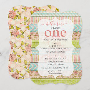 1st Birthday Shabby Chic Roses Cottage Wood Floral Invitation
