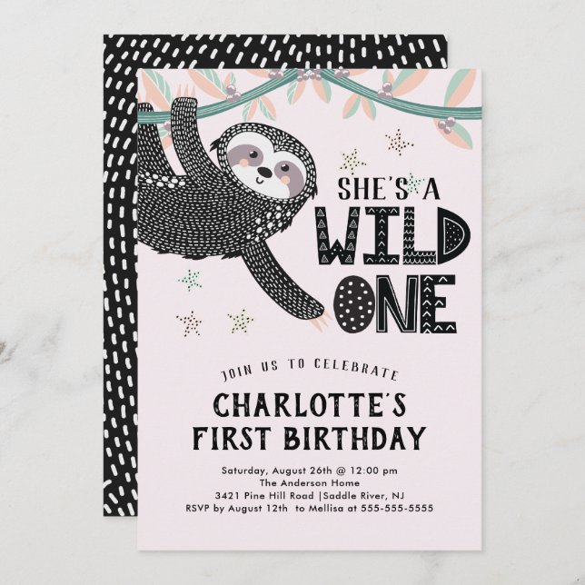 1st Birthday Sloth Birthday Invitation (Front/Back)