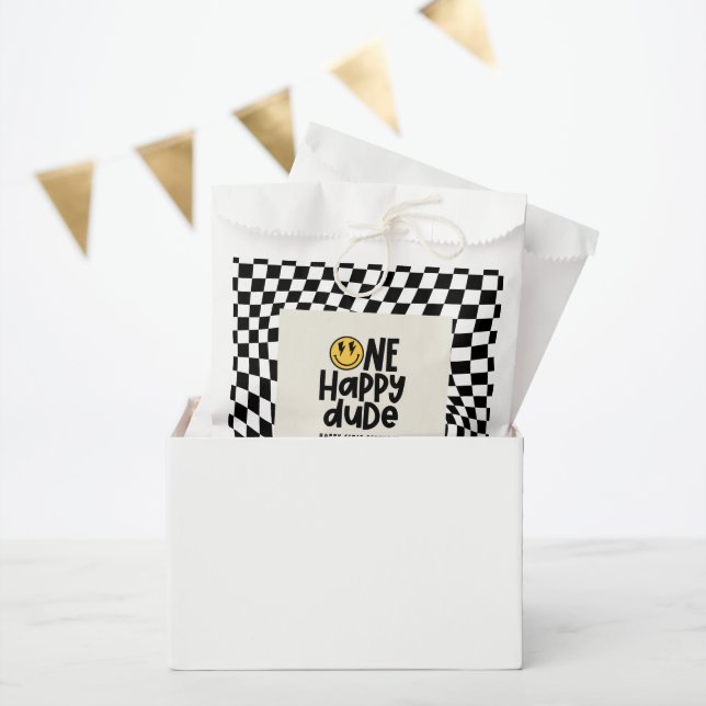 1st birthday smile face retro black white groovy favour bags (Party)