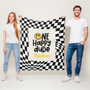 1st birthday smile face retro black white groovy fleece blanket