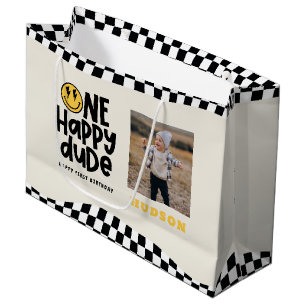 1st birthday smile face retro black white groovy large gift bag