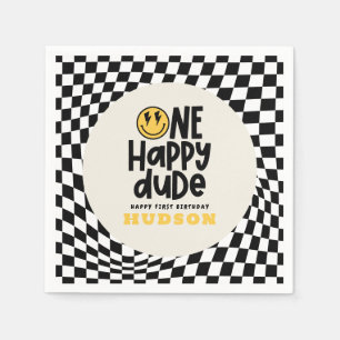1st birthday smile face retro black white groovy napkin