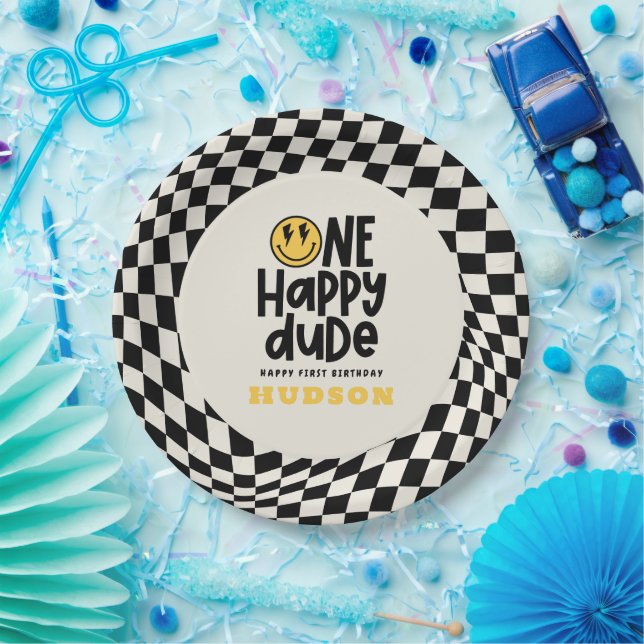 1st birthday smile face retro black white groovy paper plate (Party)