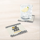 1st birthday smile face retro black white groovy square paper coaster<br><div class="desc">1st birthday smile face retro black,  white and yellow groovy lightening bolt cool birthday party decor coaster.</div>