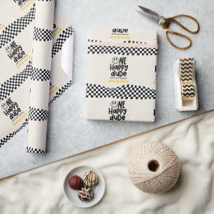 1st birthday smile face retro black white groovy wrapping paper