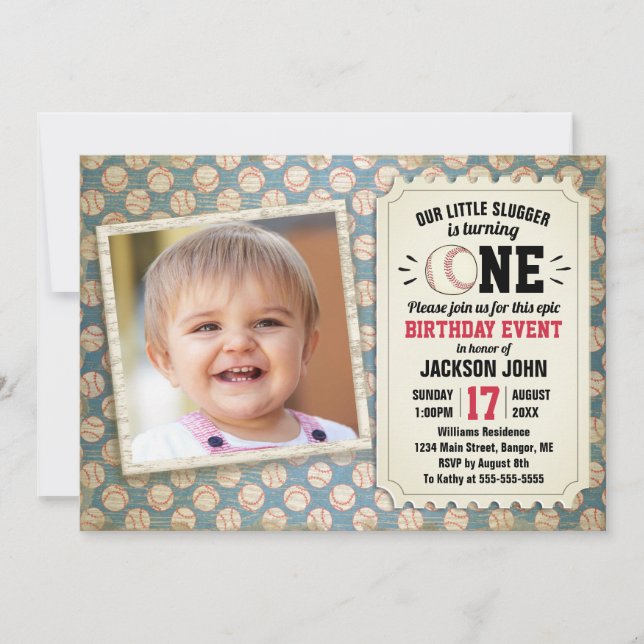 1st Birthday Sports Baseball Slugger Photo Invitation (Front)