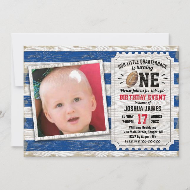 1st Birthday Sports Football Rustic Blue Photo Invitation (Front)