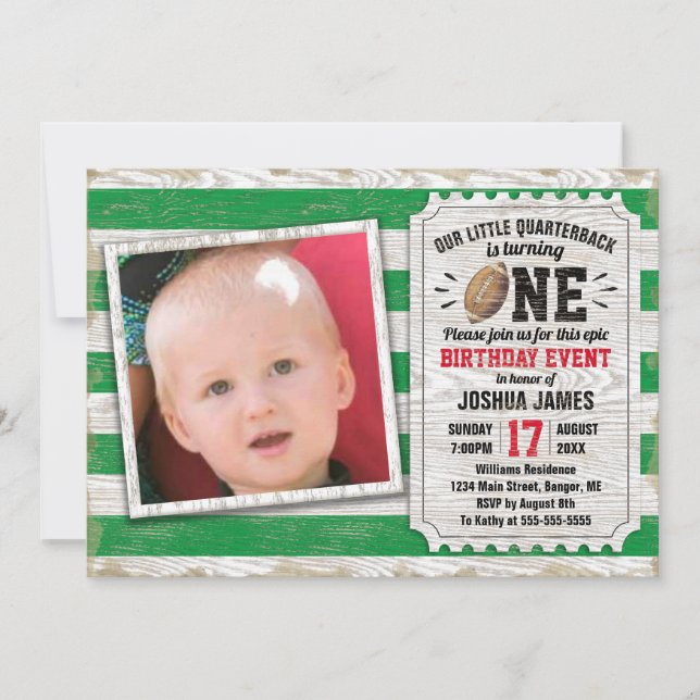 1st Birthday Sports Football Rustic Green Photo  Invitation (Front)