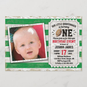 1st Birthday Sports Football Rustic Green Photo Invitation