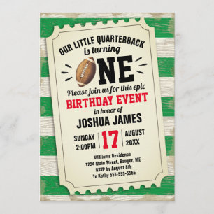 1st Birthday Sports Football Ticket Rustic Green Invitation