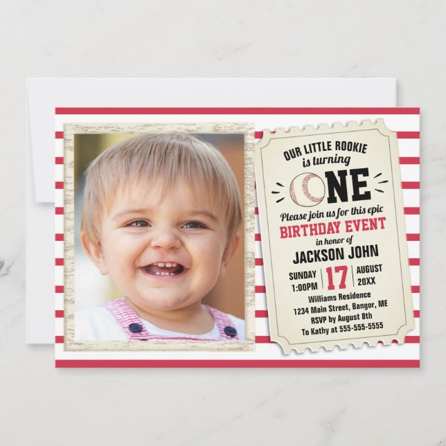 1st Birthday Sports Photo Baseball Rookie Red Invitation (Front)