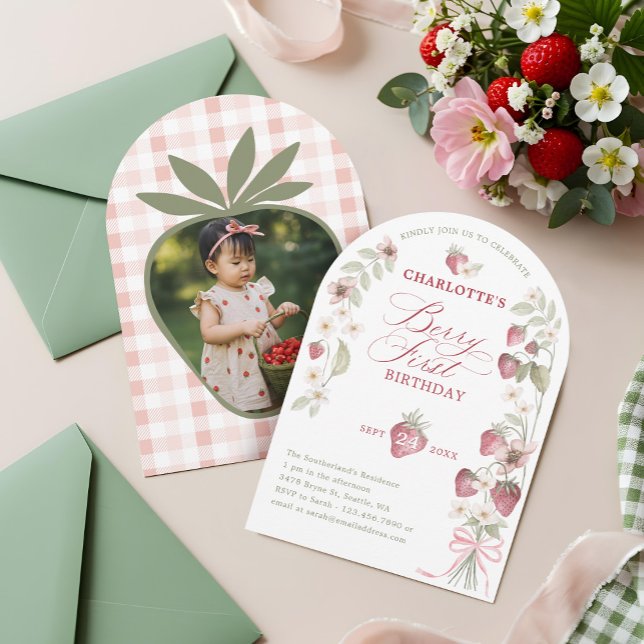 1st Birthday Strawberry Berry First Birthday Photo Invitation (1st Birthday Strawberry Berry First Birthday Photo Invitation)