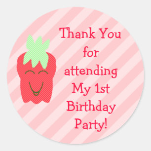 1st Birthday Strawberry Thank You Stickers