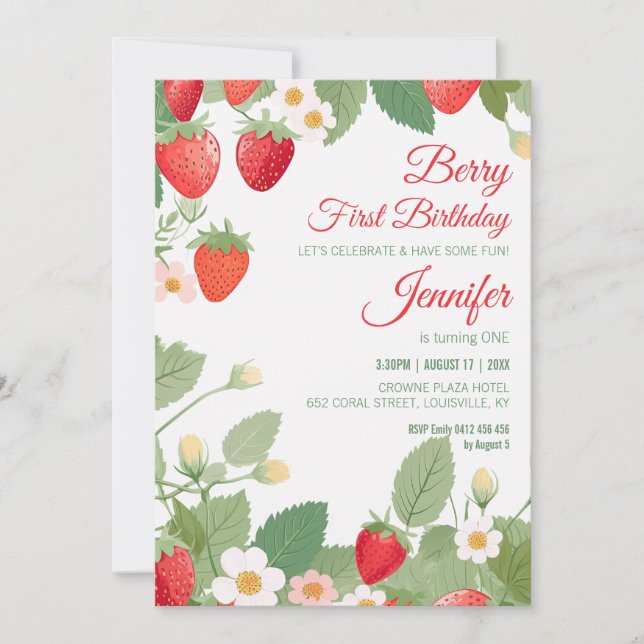 1st Birthday Strawberry Theme Berry First Birthday Invitation (Front)