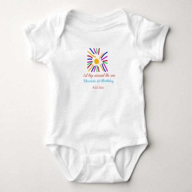 1st Birthday sun trip add name colourful sun date  Baby Bodysuit (Front)