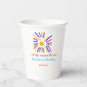 1st Birthday sun trip add name colourful sun date Paper Cups