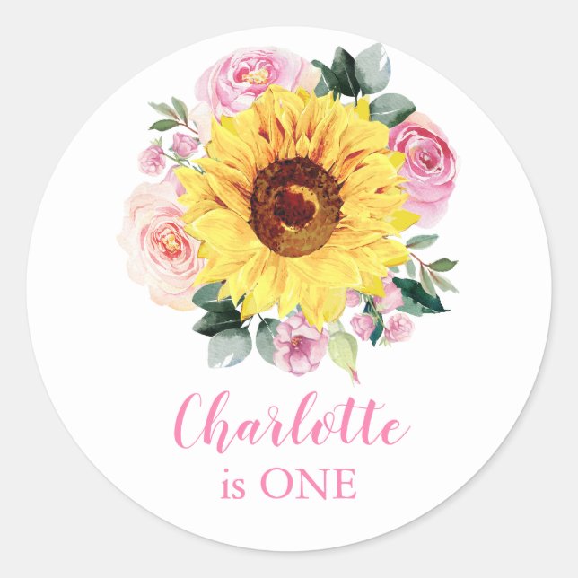 1st Birthday Sunflower Pink Floral Personalised Classic Round Sticker (Front)