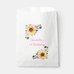 1st Birthday Sunflower Pink Floral Personalised Favour Bags