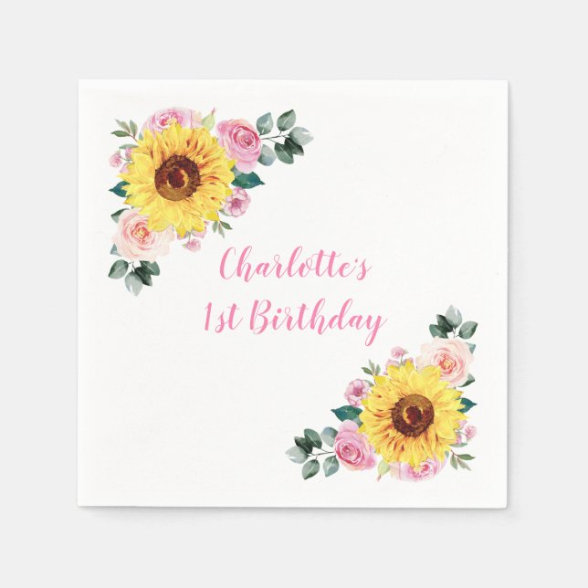 1st Birthday Sunflower Pink Floral Personalised Napkin (Front)